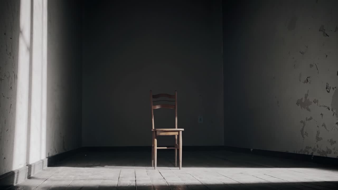 A minimalist video scene with a single wooden chair in a dimly lit, empty room