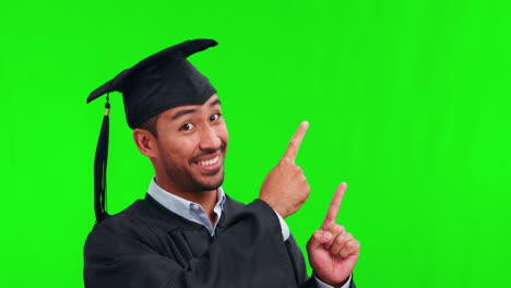 Graduate,-man-portrait-and-green-screen-with-hands