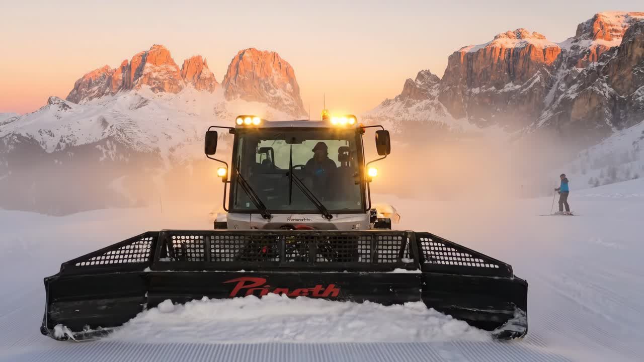 Snow Groomer Prepares Ski Slope in Majestic Mountains at Sunrise