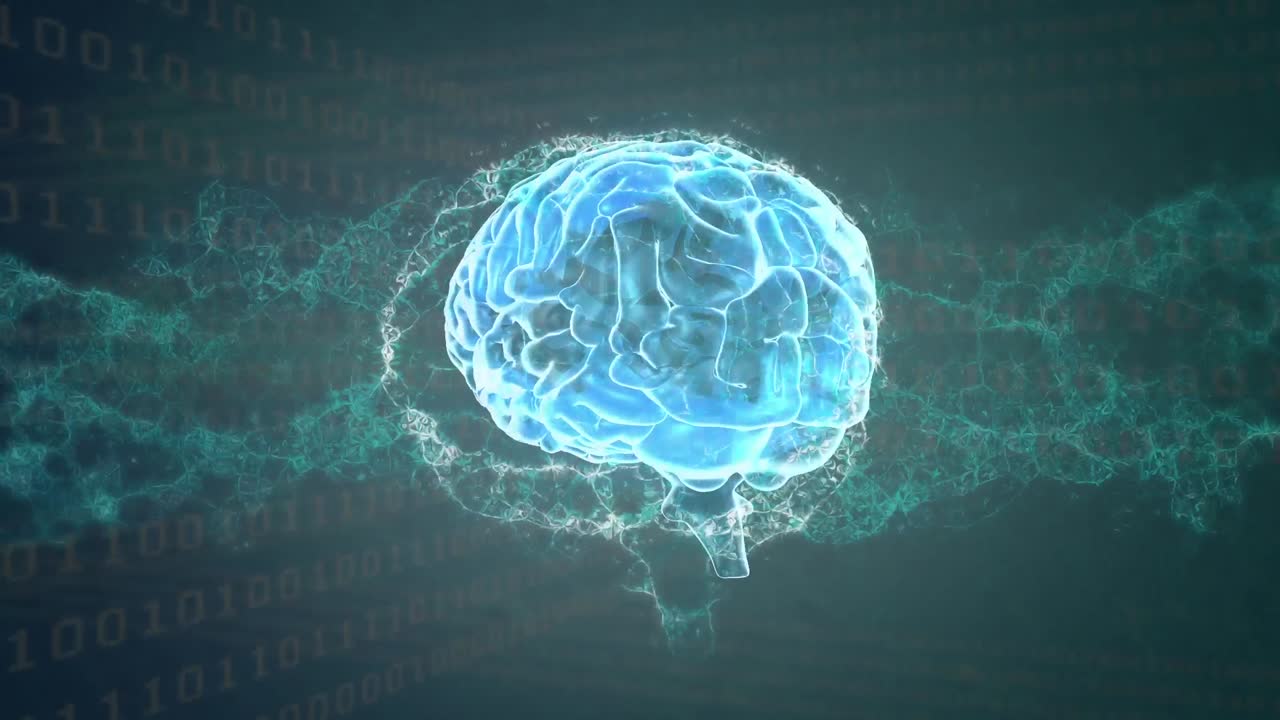 Animation of digital brain and dna strand over data processing on black background