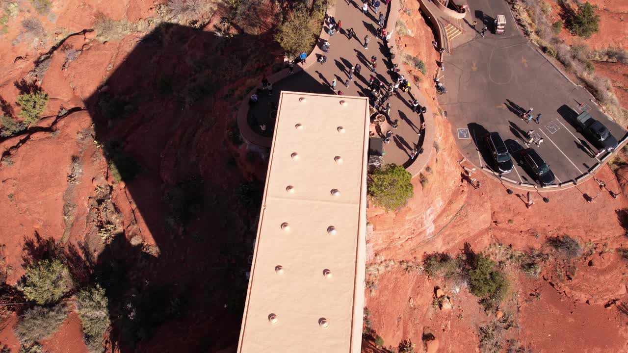 Sedona, Arizona USA. Drone Shot of Chapel of Holy Cross on Red Sandstone Rocks