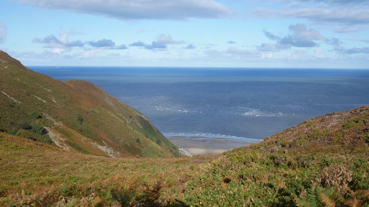 해안 해변 해안선이 내려다 보이는 밝고 맑은 무성한 높은 계곡 풍경 관점