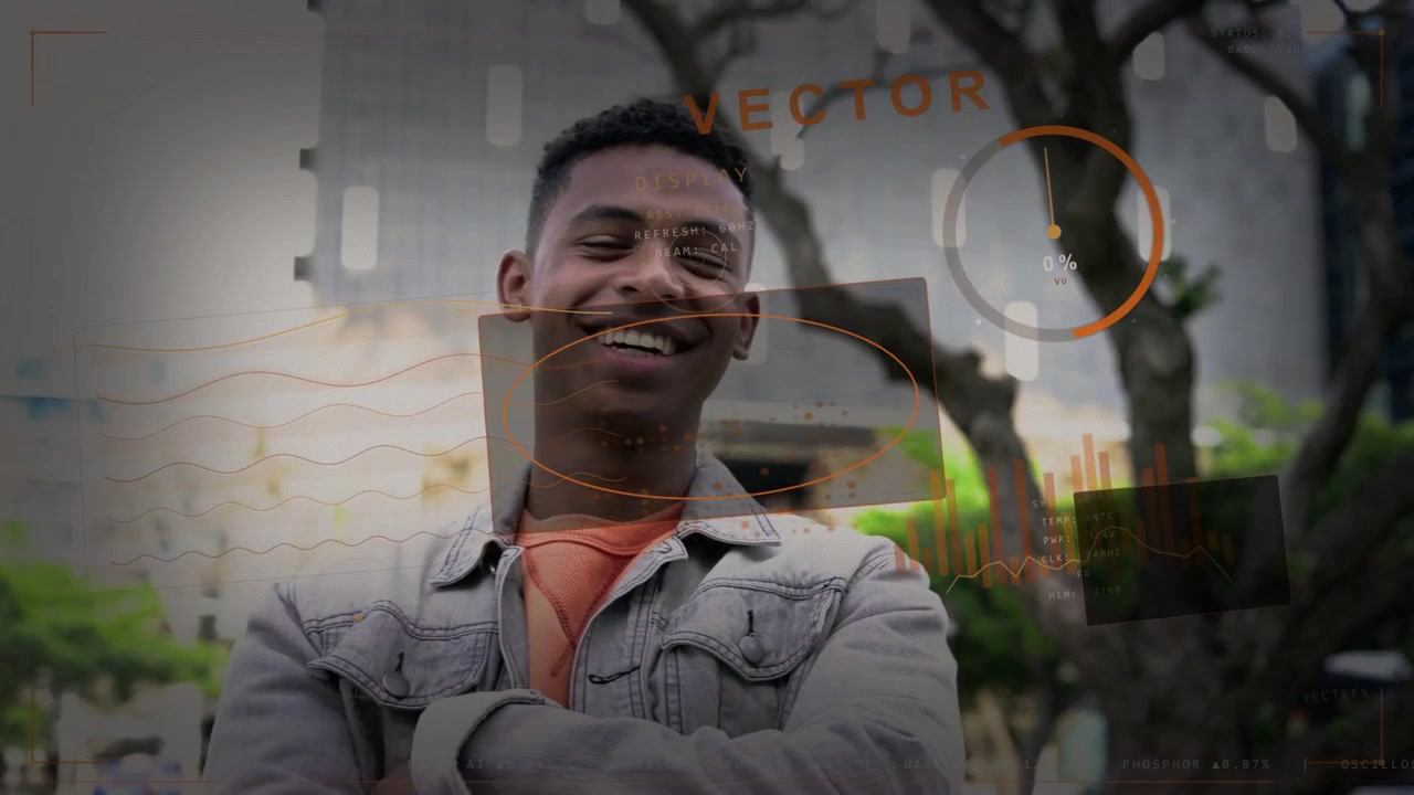 HUD montrant un homme souriant, riant, croisant les bras et tirant son col, avec des graphiques de ville animés au-dessus de lui pour l'informatique