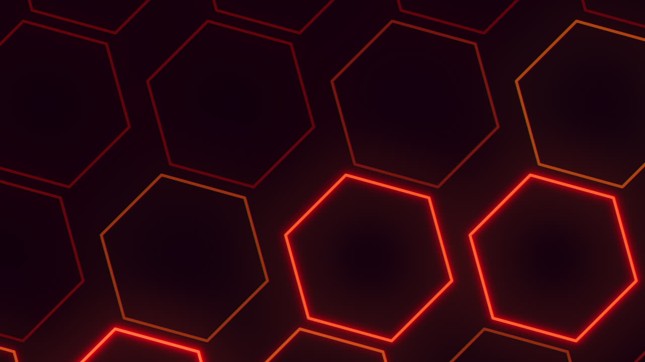 Dark hexagonal pattern with red and black lines forming glowing hexagons in a repetitive arrangement. The striking contrast creates a mesmerizing and intricate visual effect
