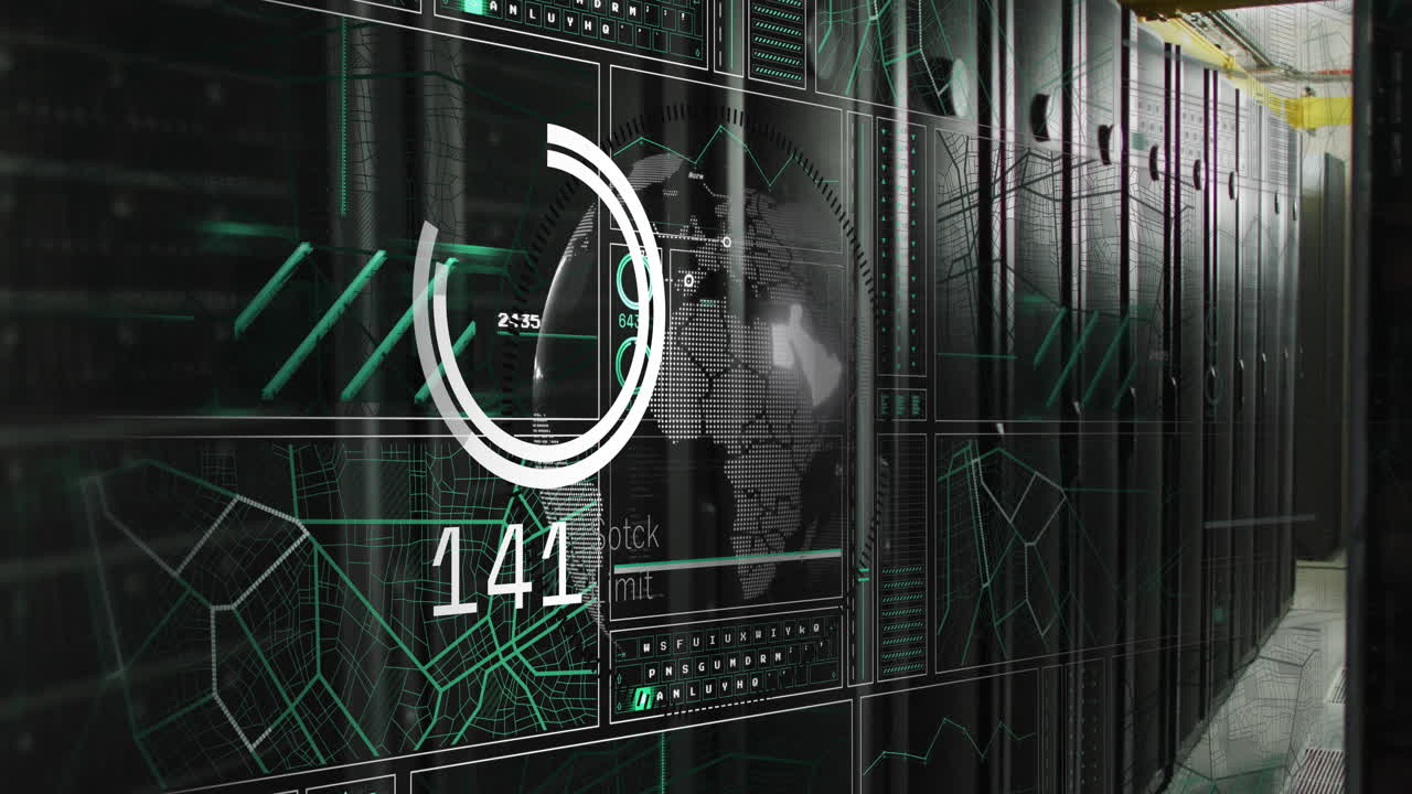 Animation of data processing over globe and server room