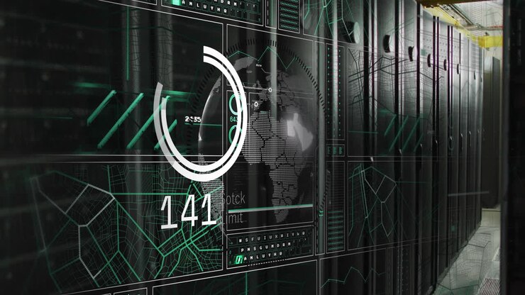 Animation of data processing over globe and server room