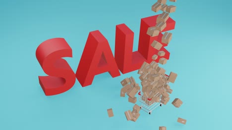 un video de animación 3d realista que muestra un carrito de compras deslizándose en la escena con una gran caída de productos apilados en concepto, venta y promoción de marketing de descuento.