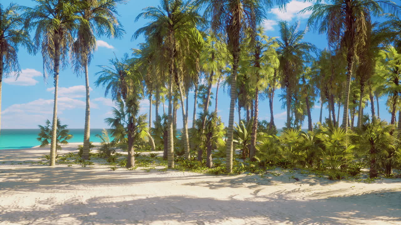 Tranquil beach paradise with palm trees and turquoise waters under clear skies