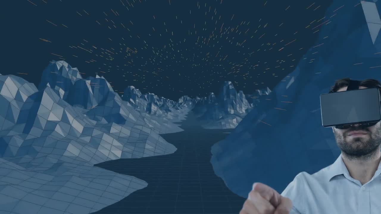 Caucasian man wearing vr headset against 3d mountain structures on grey background