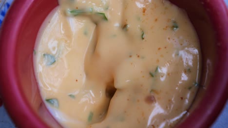 cerca de un plato de salsa de queso con cebollas verdes