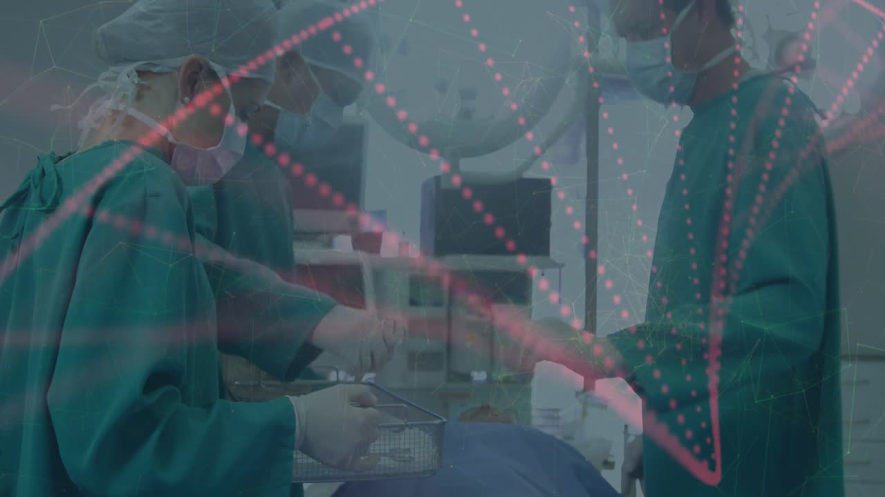 Animazione del DNA su diversi chirurghi e chirurghe durante un'operazione