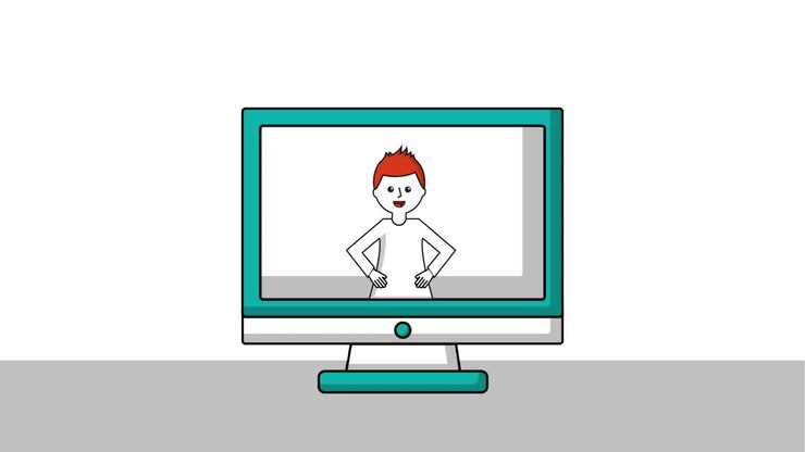 man character on screen computer talking