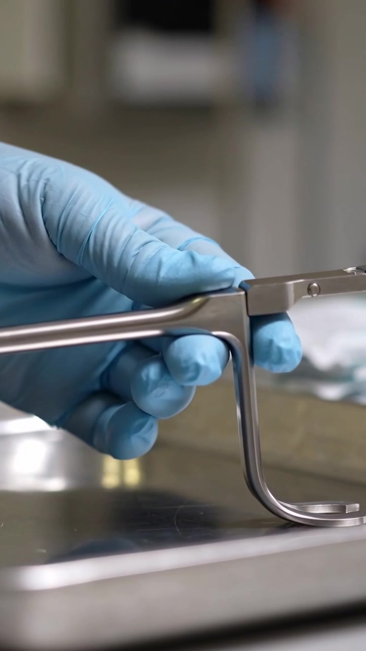 Vertical video: Pressing latch, blue gloved hand lowering hinged blade onto tray in clinic for prep