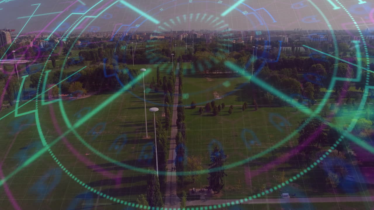 Central walkway being visualized with neon HUD overlays in aerial park 3D render with grid patterns