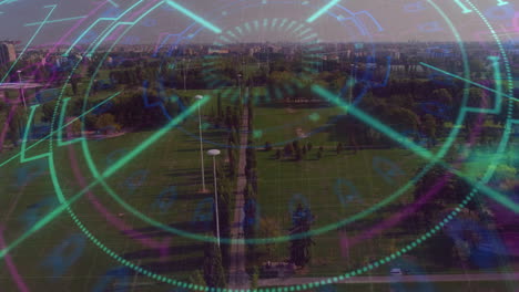 central walkway being visualized with neon hud overlays in aerial park 3d render with grid patterns