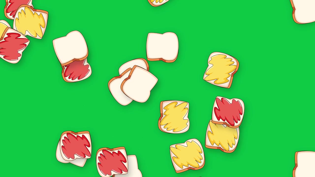 Animated bread slices with red jam and yellow butter fall against a green background.