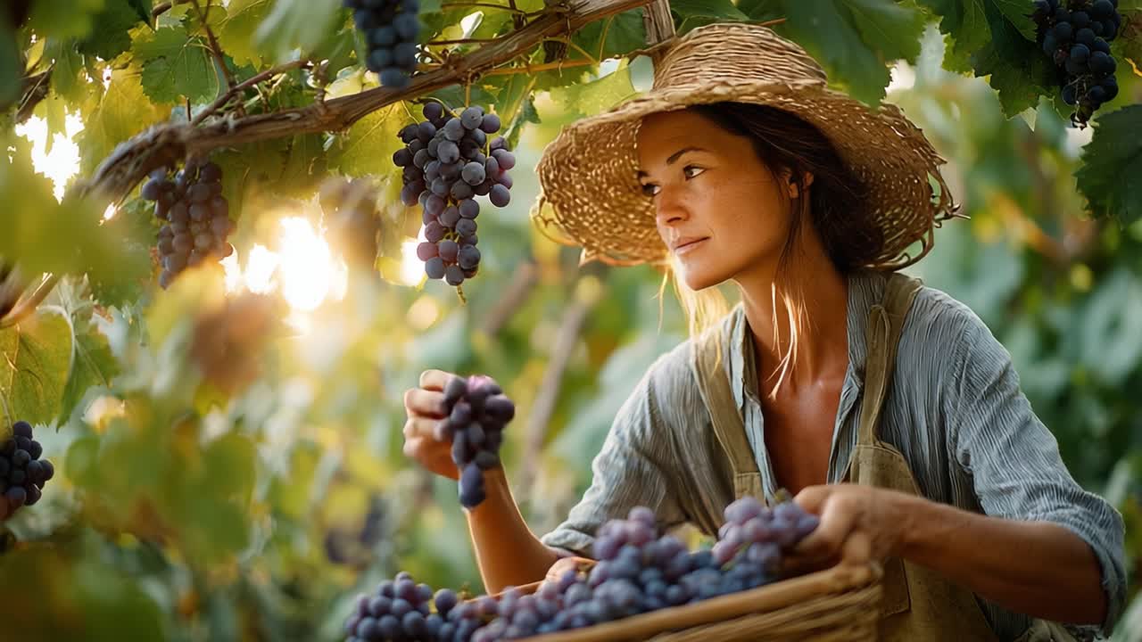 A Dedicated Vineyard Worker Harvesting Luscious Grapes in a Sun-Kissed Vineyard, Embracing the Essence of Nature and Sustainable Agriculture