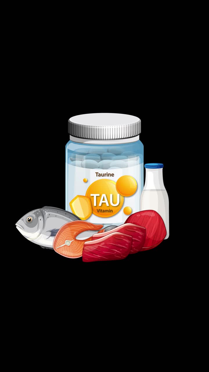 Botol suplemen Taurin yang secara bertahap dikelilingi oleh ikan, daging, susu; dengan latar belakang hitam bersih dan transisi yang mulus