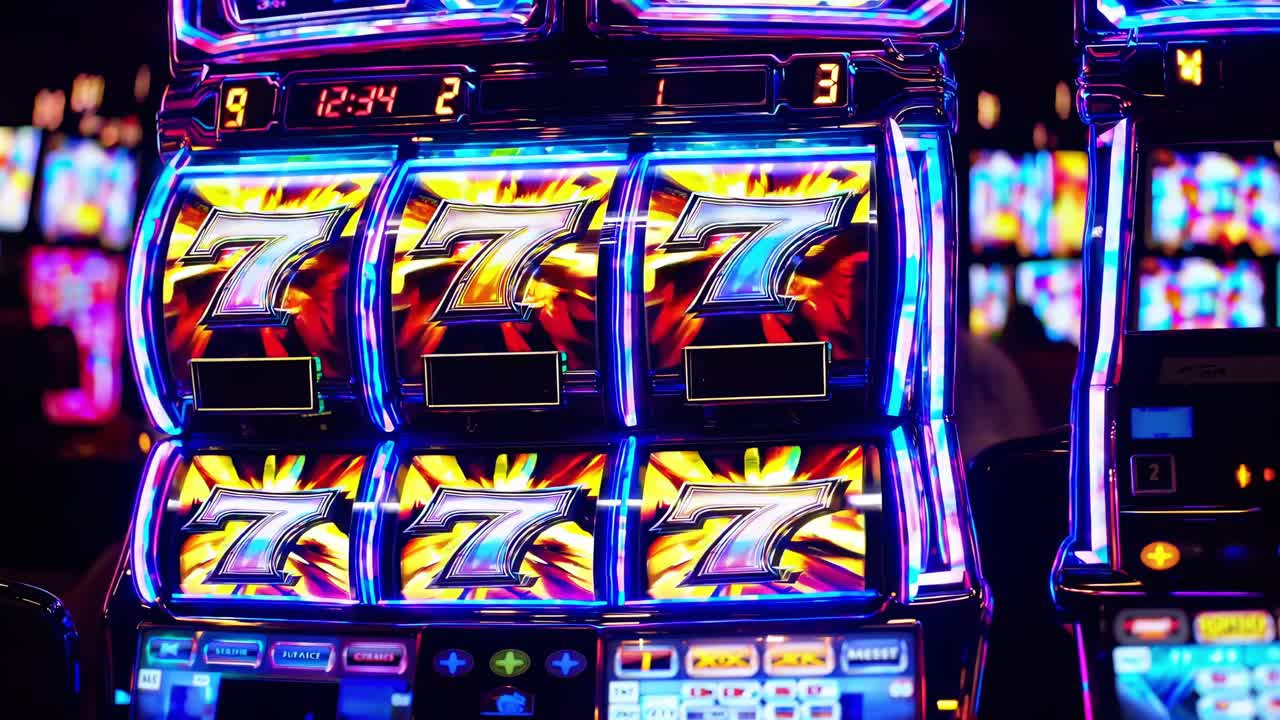 Brightly lit slot machines featuring vibrant graphics and the iconic 777 symbol create an energetic atmosphere in a bustling casino