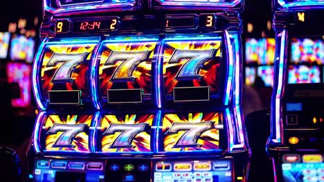 brightly lit slot machines featuring vibrant graphics and the iconic 777 symbol create an energetic atmosphere in a bustling casino
