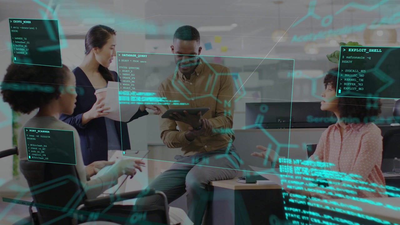 Team clustering around tablet in open office tapping tablet revealing teal code overlays for review