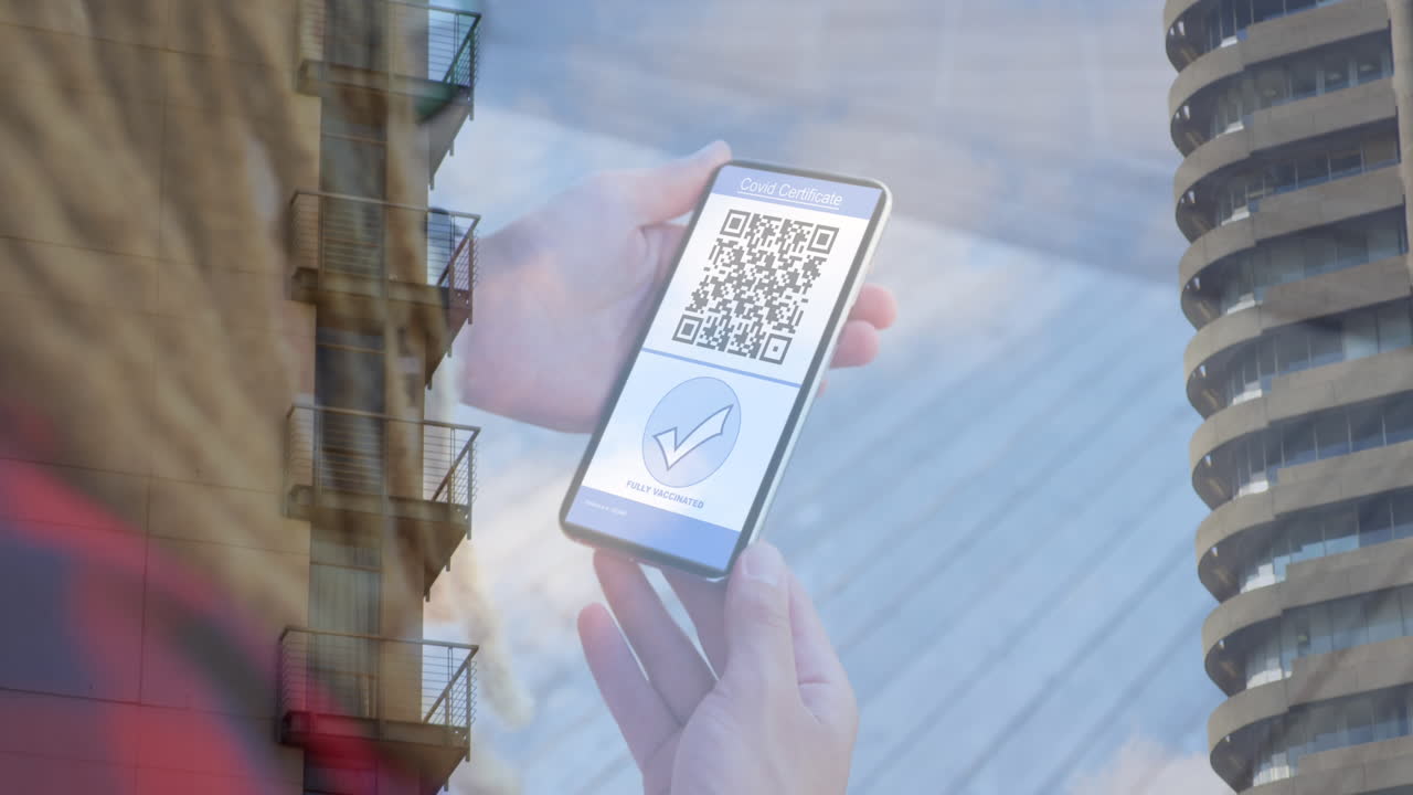 Animation of woman holding smartphone with covid 19 vaccination passport over cityscape