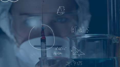 animación de ecuaciones matemáticas sobre una científica que sostiene una jeringa