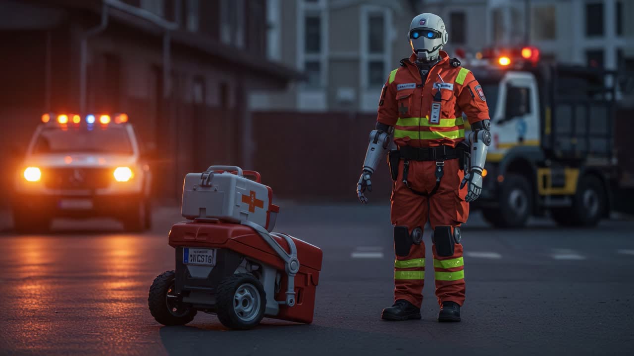 A futuristic emergency responder stands poised in an urban environment, showcasing advanced robotic features and emergency equipment, with emergency vehicles in the background during twilight