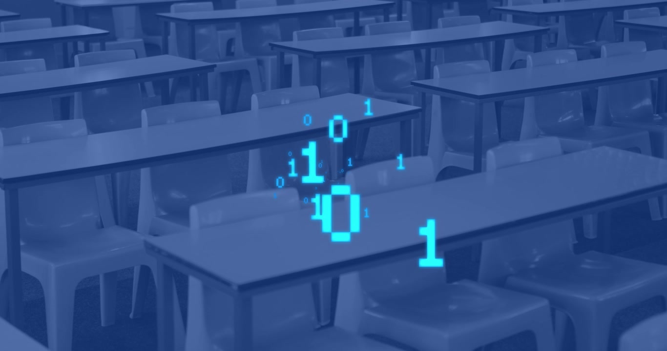 Animation of binary coding data processing over desks and blue background