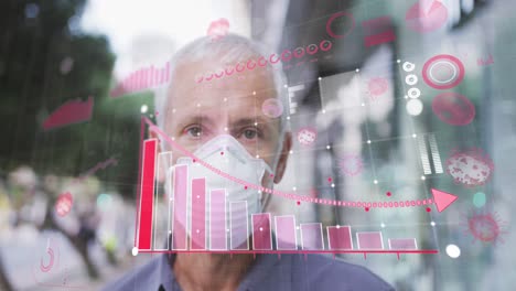 animation of data processing over senior man wearing face mask