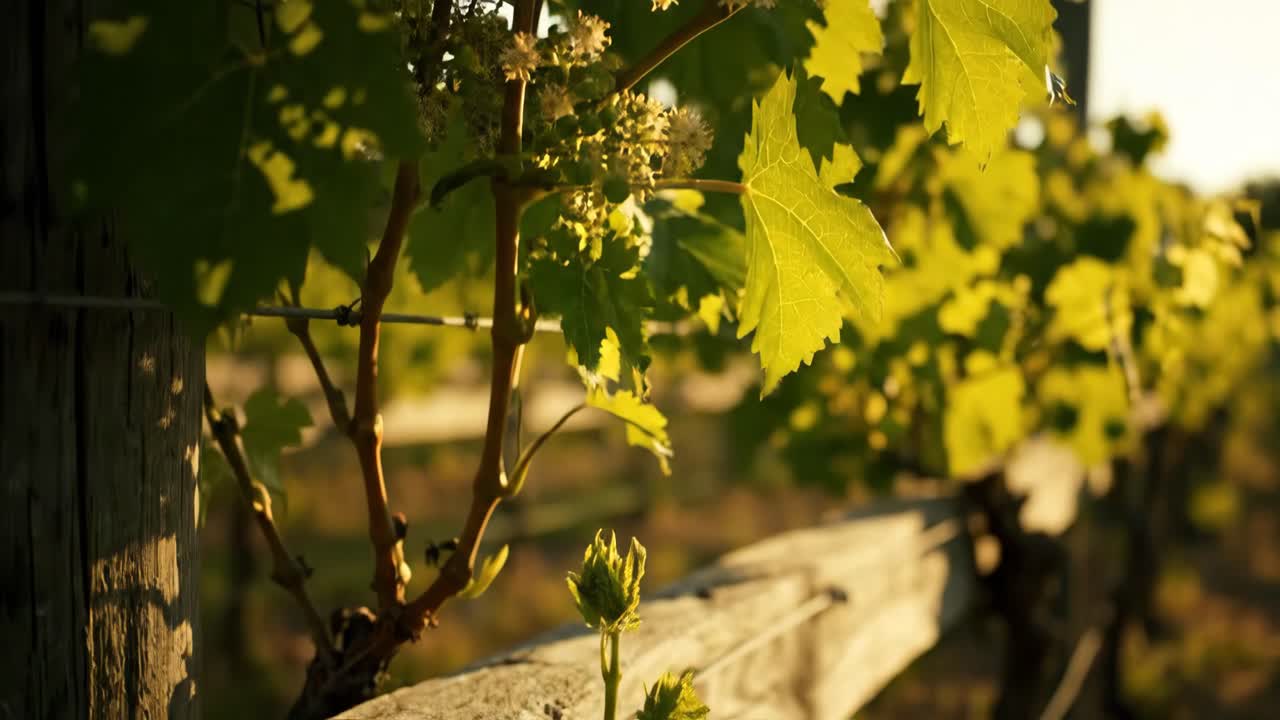 Vineyard with grape leaves and a wooden fence