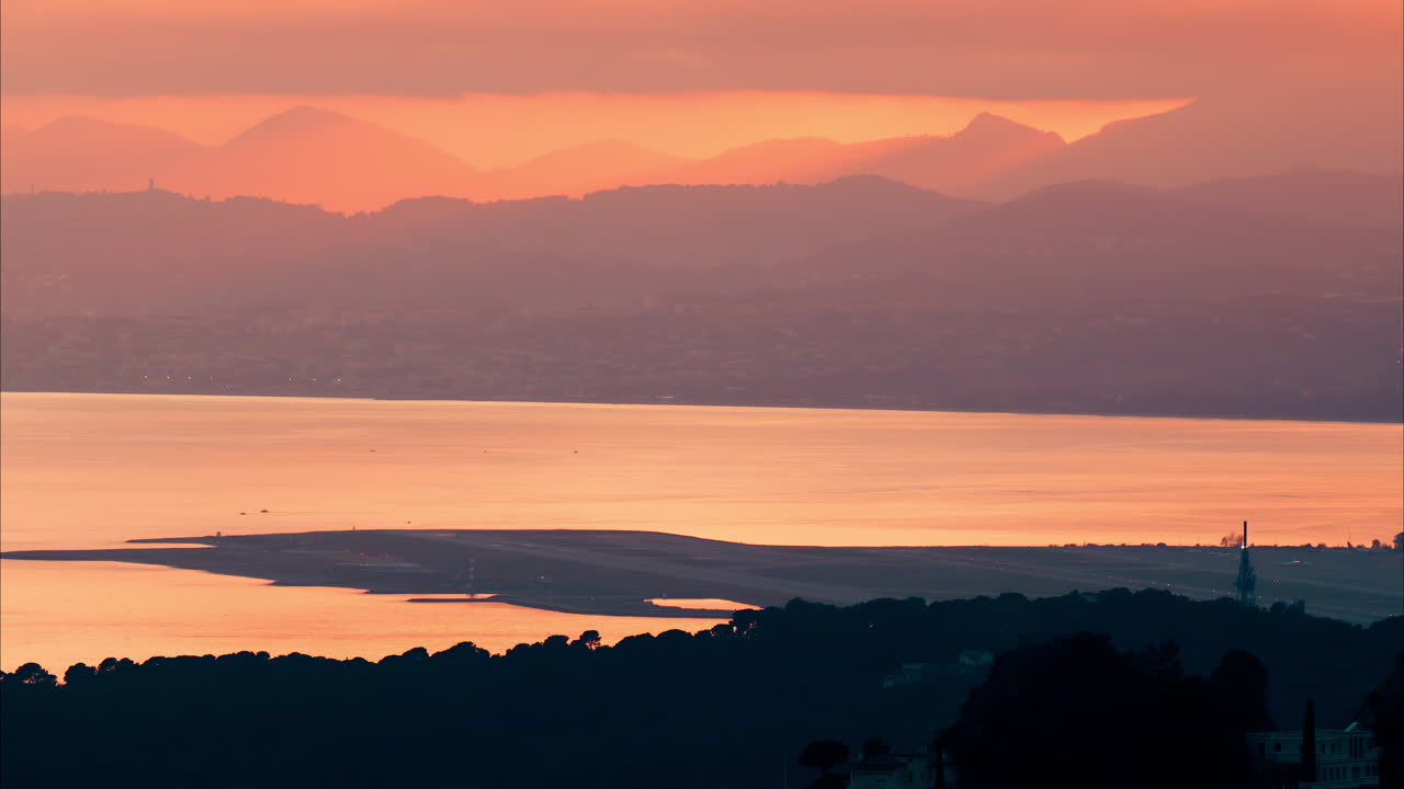 Aerial view of the Eze seaside commune in the Alpes-Maritimes in Southeastern France at sunset
