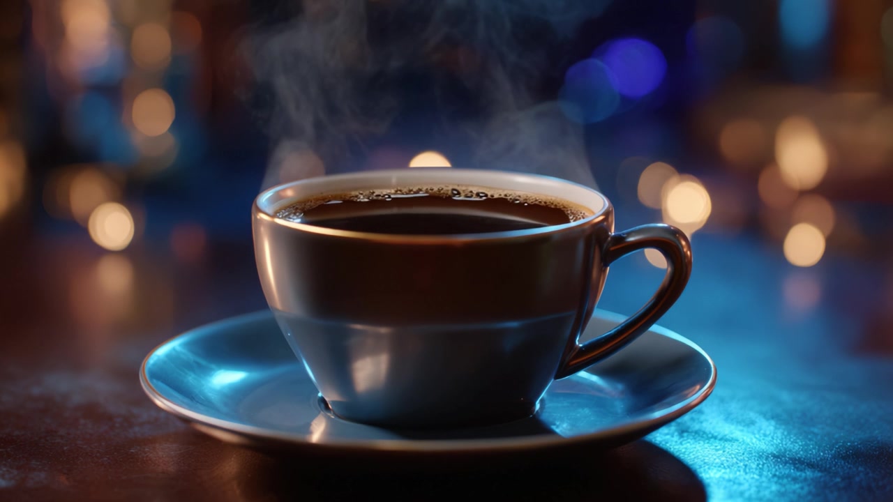 Uma Xícara Perfeita de Café Fresco com Vapor Subindo, Capturada em um Ambiente Aconchegante de Cafeteria com Luzes Bokeh Suaves Cintilando ao Fundo