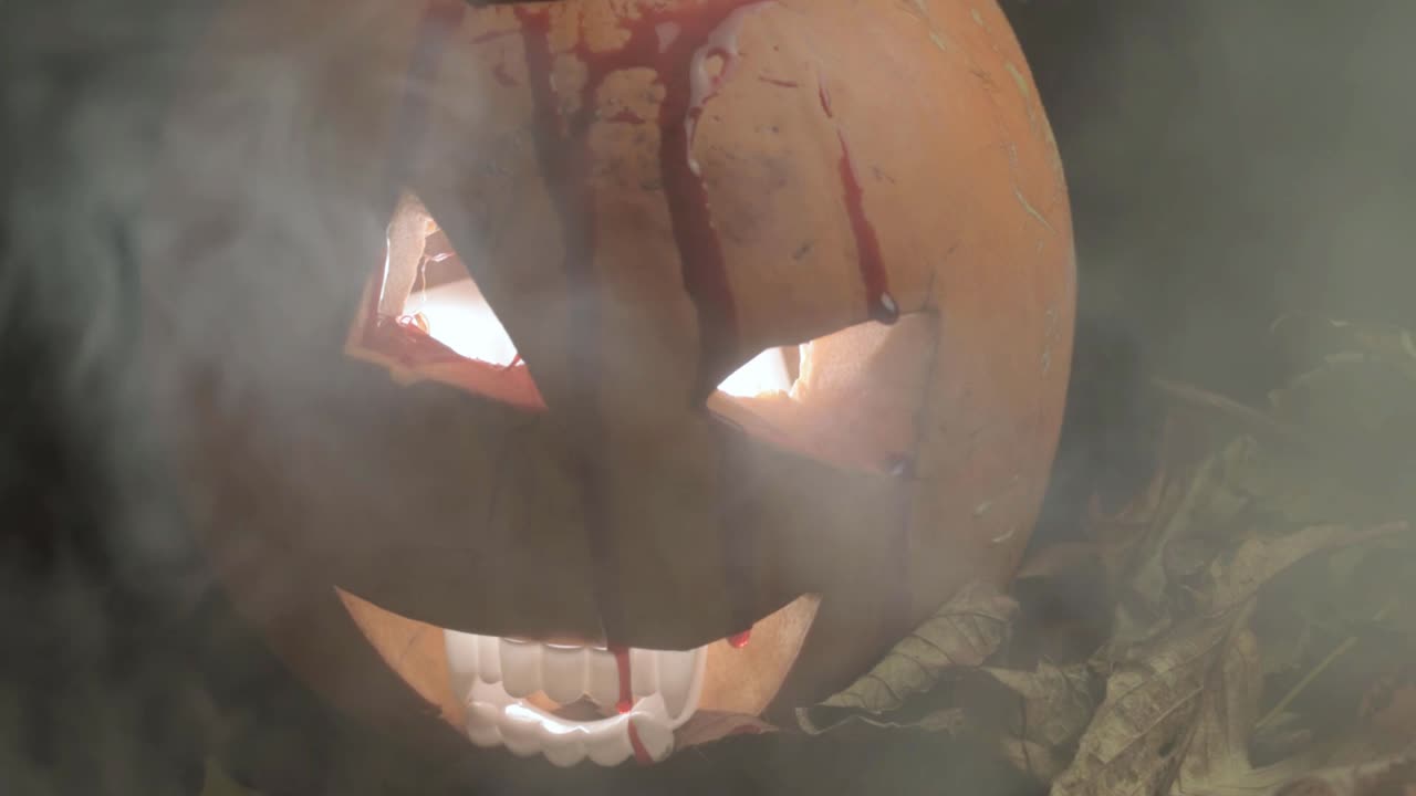Carved pumpkins Jack o lantern Halloween pumpkin dripping blood in smokey atmosphere