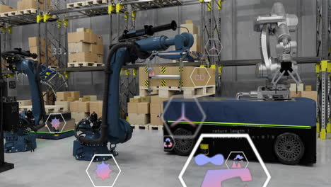 animation of data processing and ecology icons over warehouse