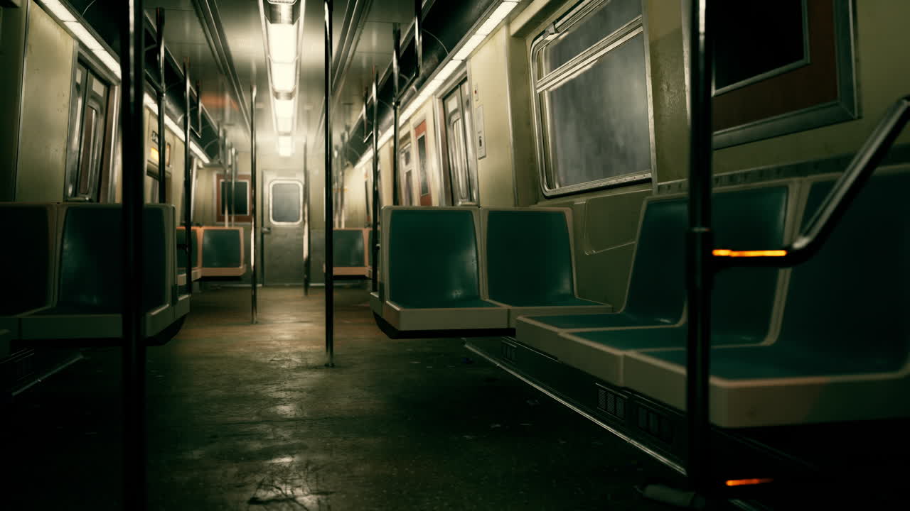 좌석 과 손잡이 를 가진 빈 지하철 차량