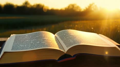 open book resting on a surface outdoors, bathed in warm golden hour light during a peaceful summer evening