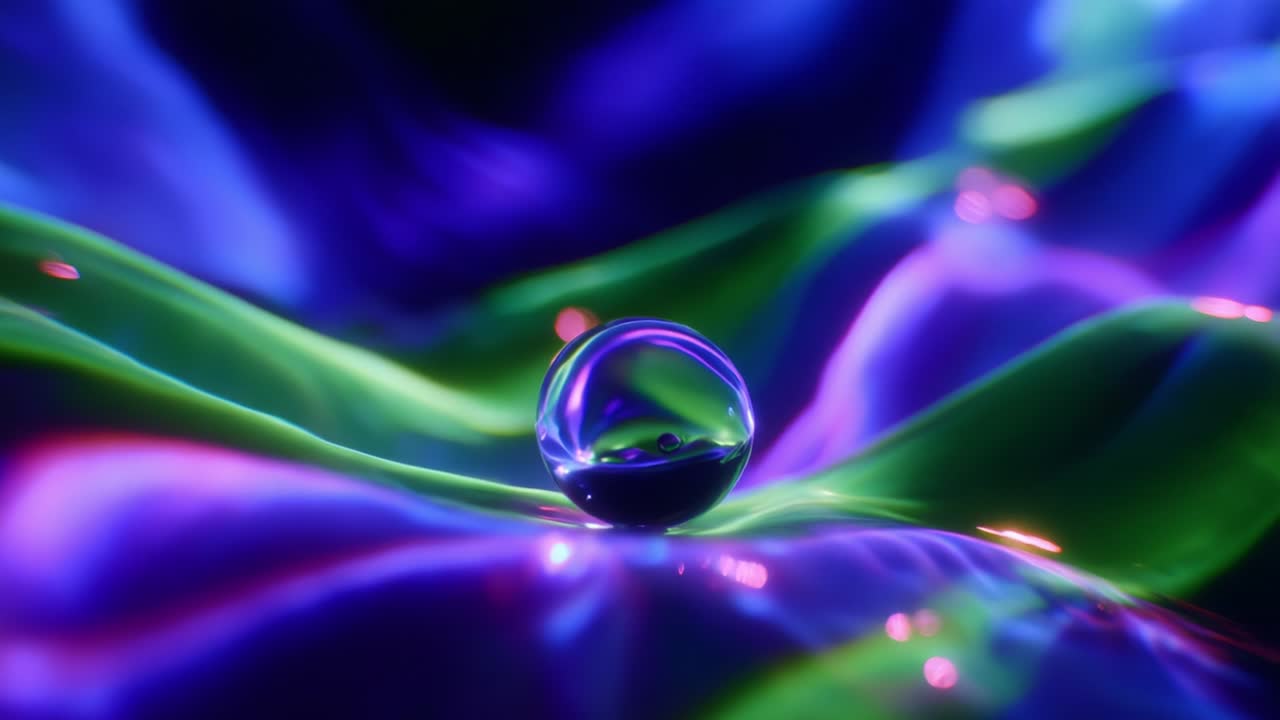 A mesmerizing close-up of a single water droplet resting on a colorful, undulating surface that beautifully reflects various shades of purple, green, and blue, creating a captivating visual experience