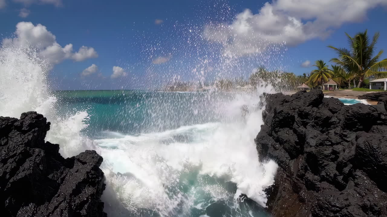 fuertes olas chocando contra las rocas volcánicas