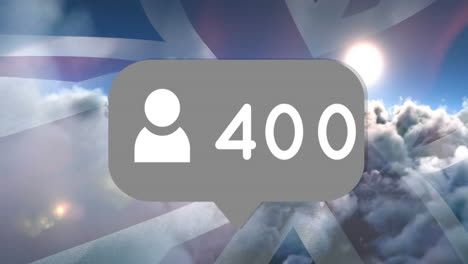 animation of speech bubble with numbers over clouds and flag of united kingdom