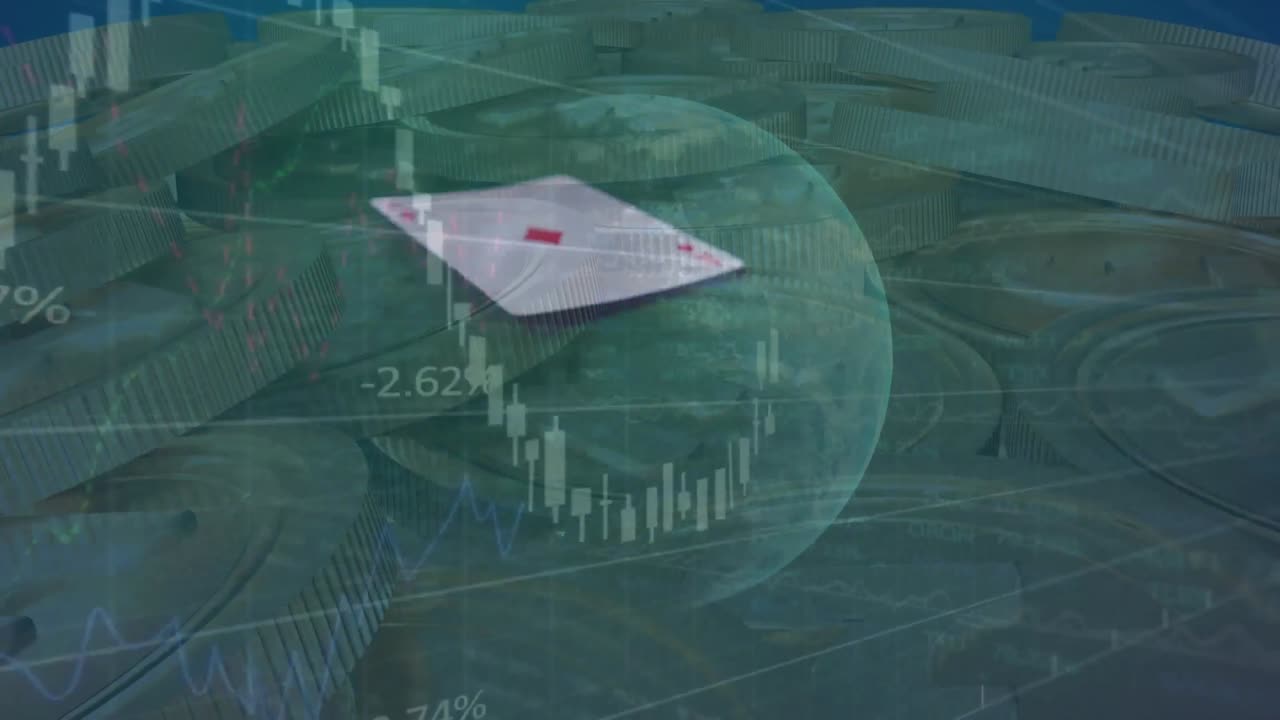 동전 위에 카드와 글로브를 사용하여 금융 데이터 처리의 애니메이션