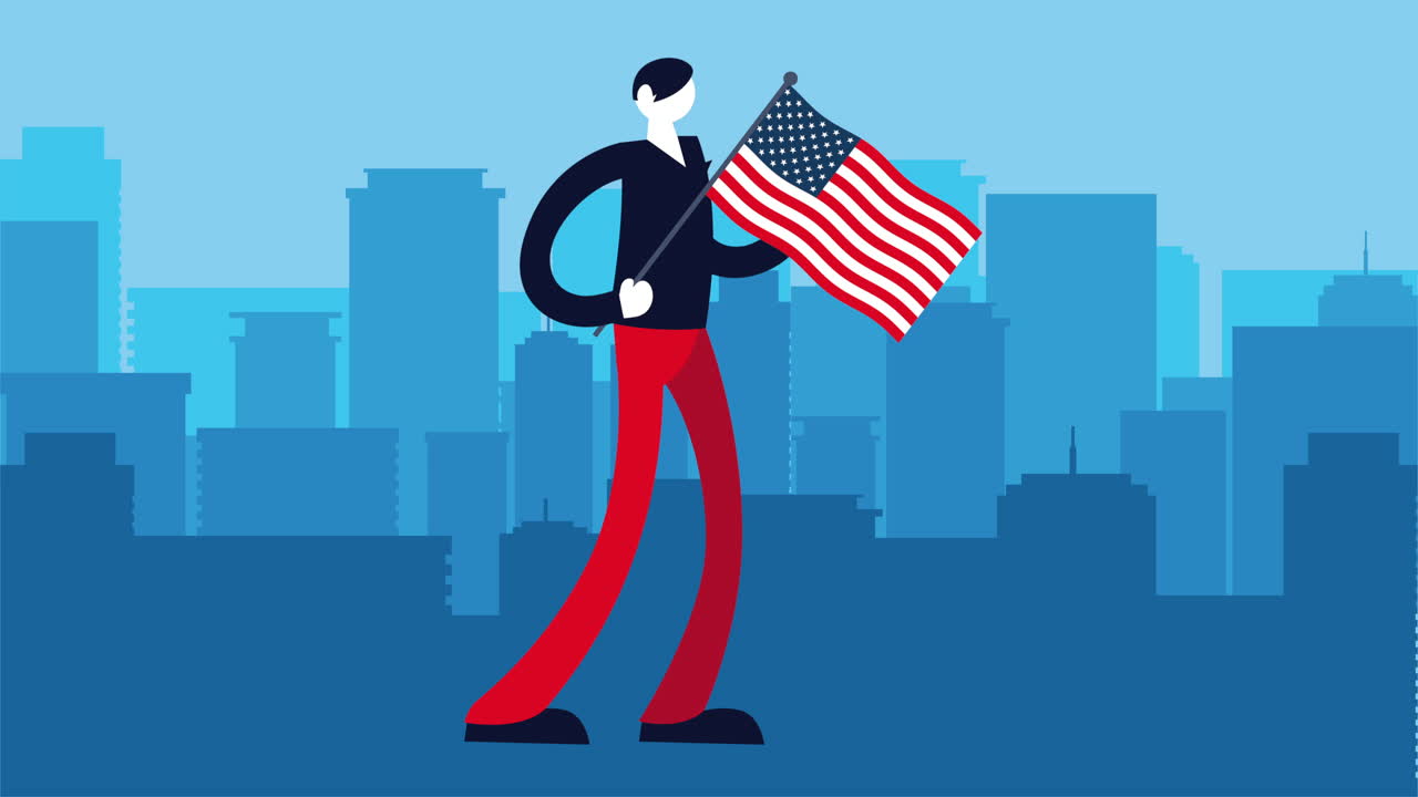 Persona che tiene la bandiera americana in una città