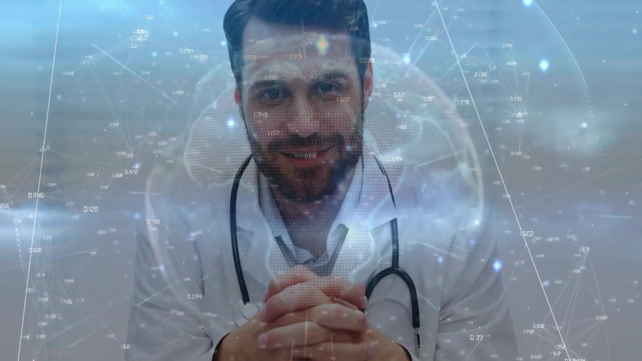 Un medico si sporge mentre un globo olografico e dati compaiono gradualmente per una consulenza medica.