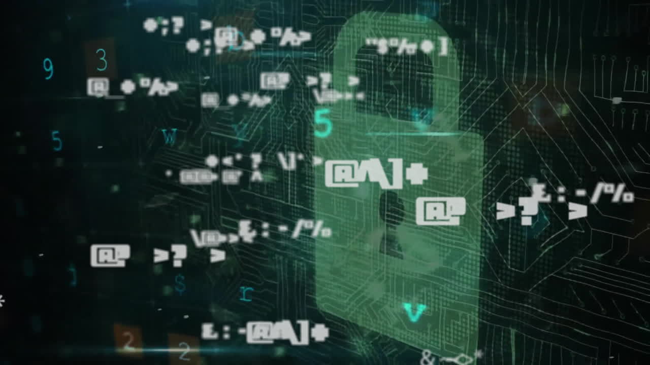 Animation of symbols, texts, numbers, letters, padlock, circuit board pattern on black background