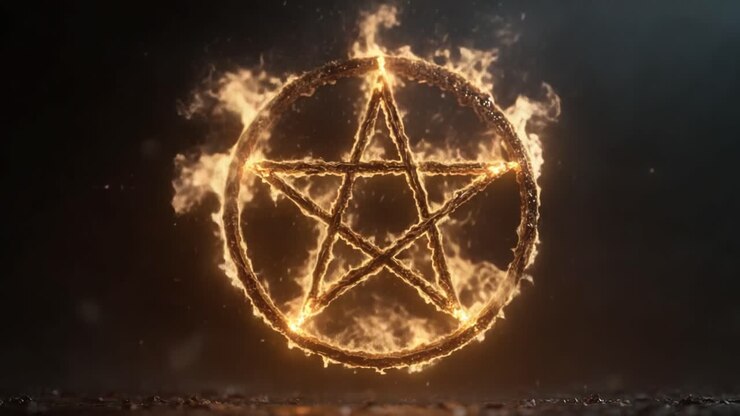 Et fascinerende skue av et flammende pentagram, som utstråler kraft og mystikk, satt mot en mørk bakgrunn som fremkaller intriger og fortryllelse