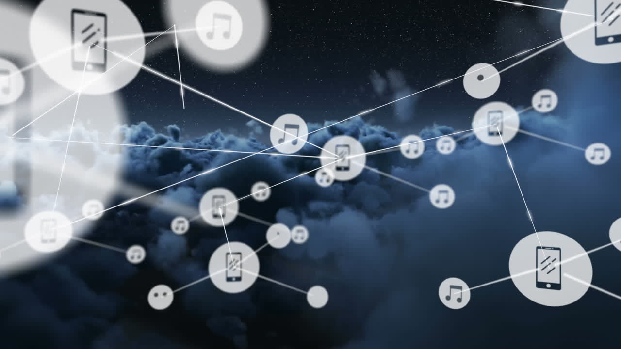 하늘 위의 아이콘으로 연결 네트워크의 애니메이션