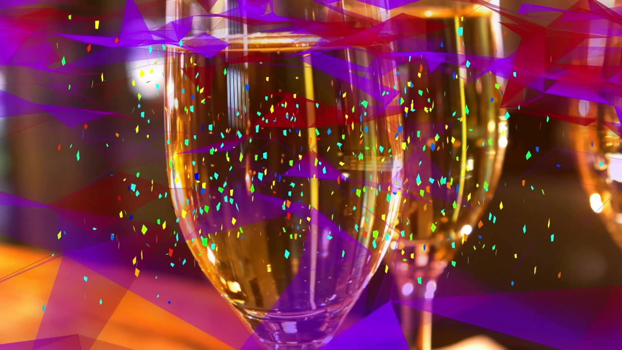 Animazione di forme e coriandoli su calici di champagne.