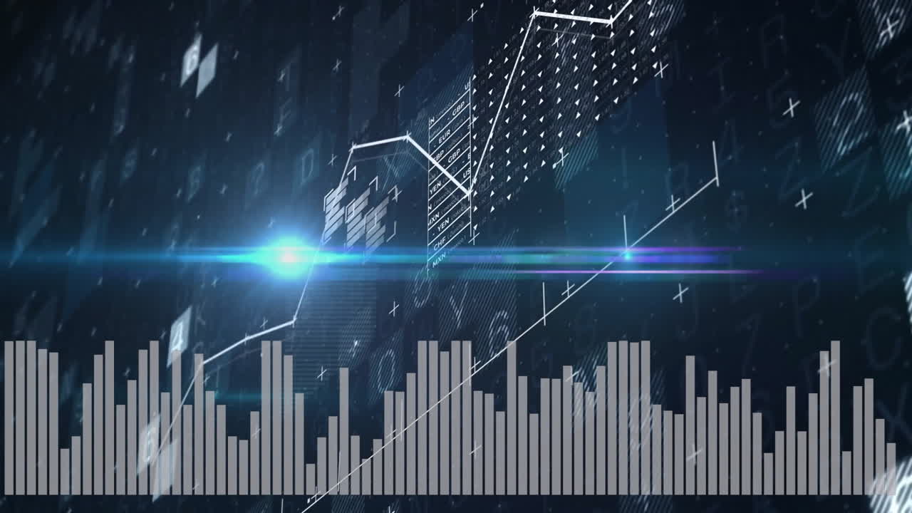 Glowing data charts and graphs in animation on dark background, showing trends