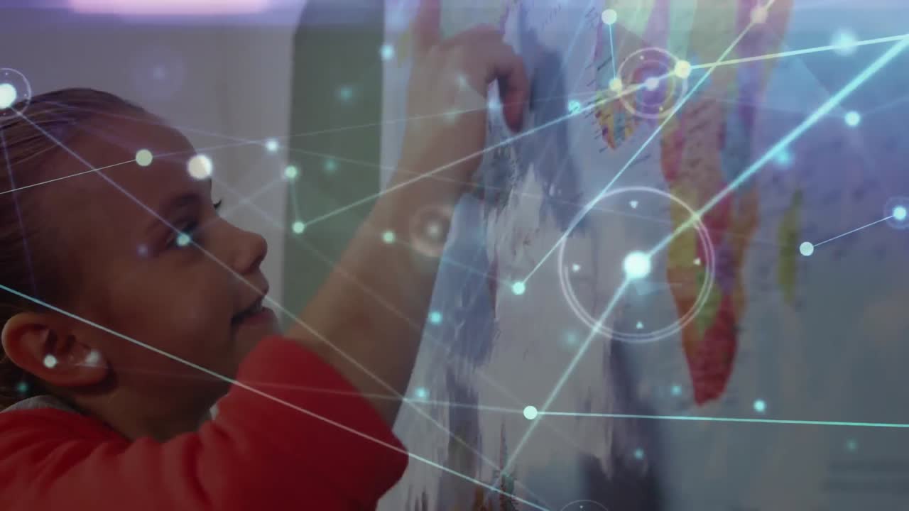 red brillante de conexiones contra la niña caucásica leyendo el mapa en la escuela primaria