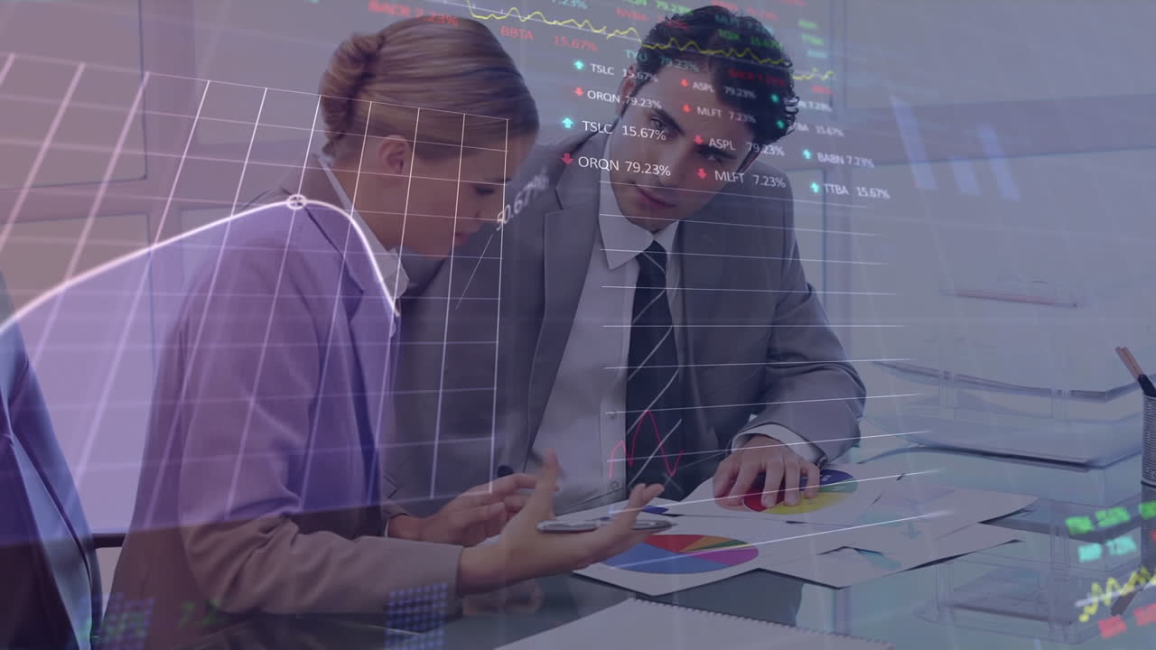 Animation of financial data processing over two caucasian business people